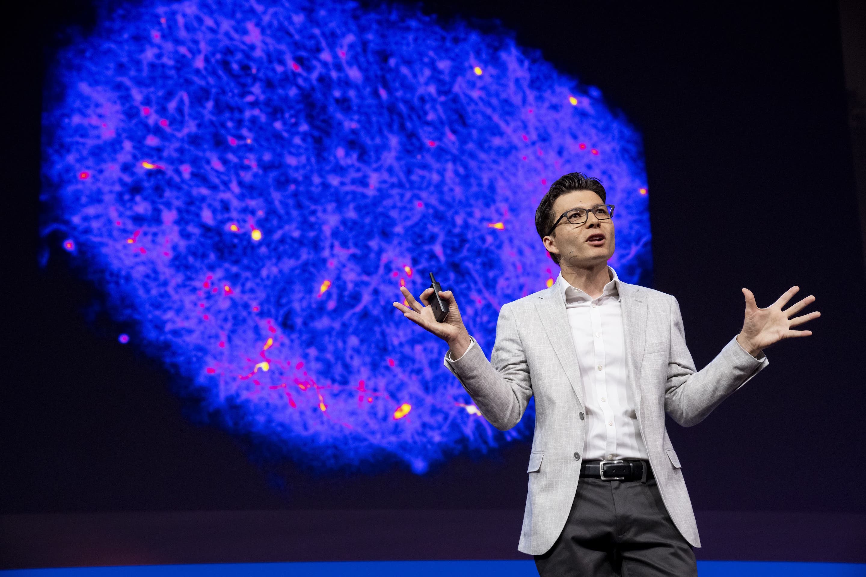 A TED speaker delivers a multimedia keynote.
